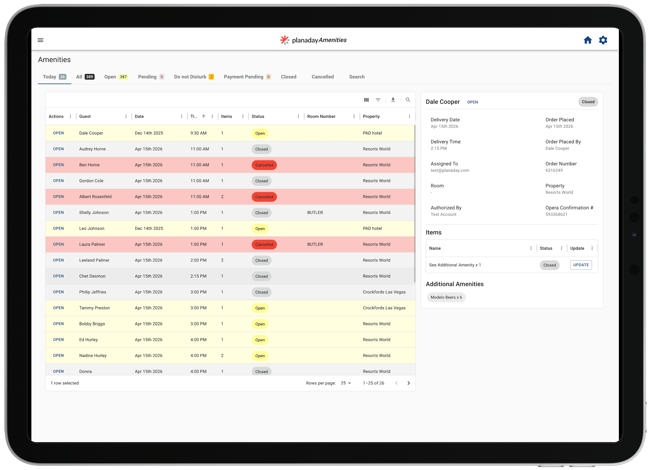 Screenshot of the amenity management interface in the Keypad platform showing a list of amenities with real-time status updates and notes