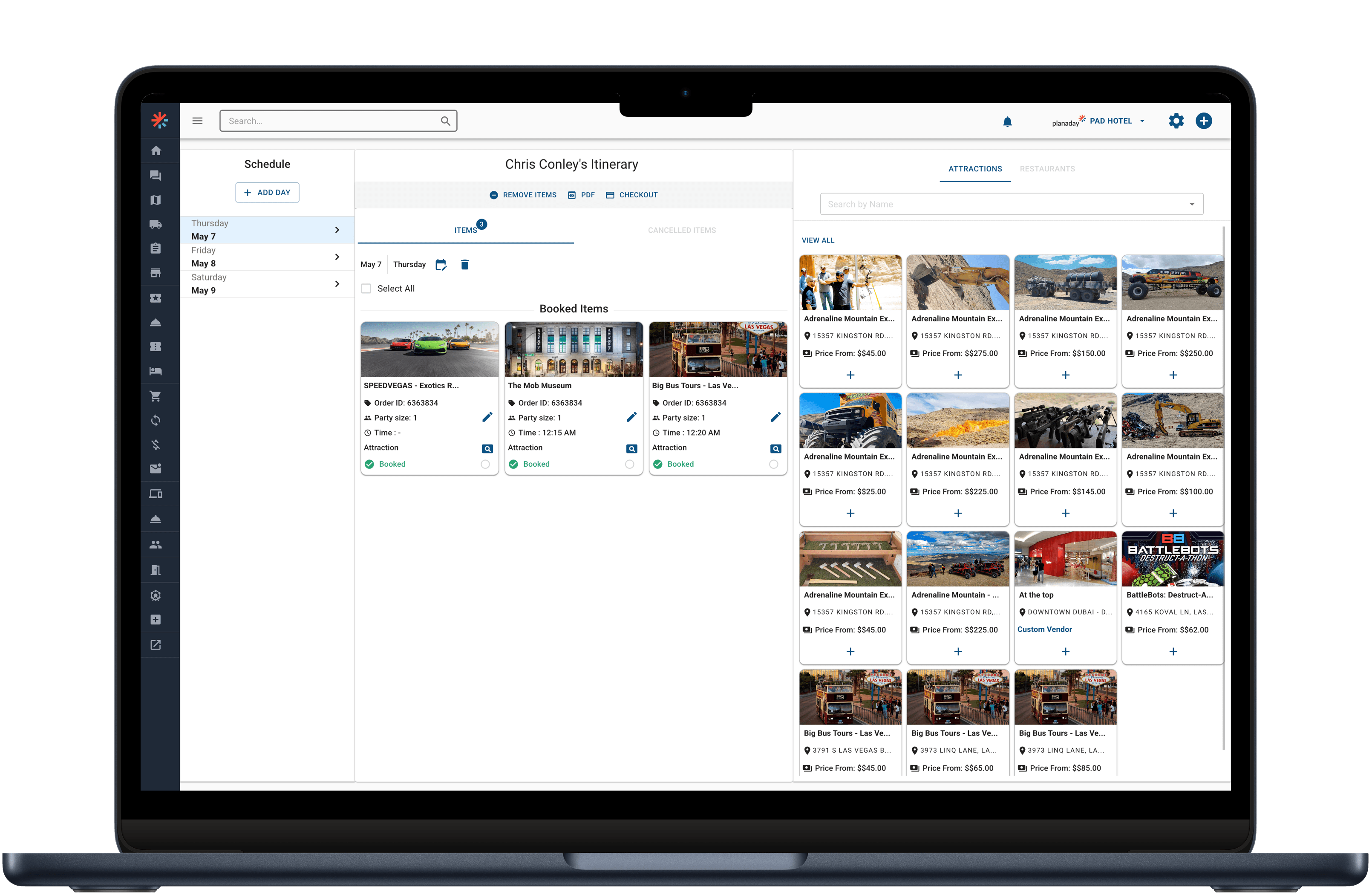 Planaday portal screenshot showing the itinerary builder feature for guest experience planning