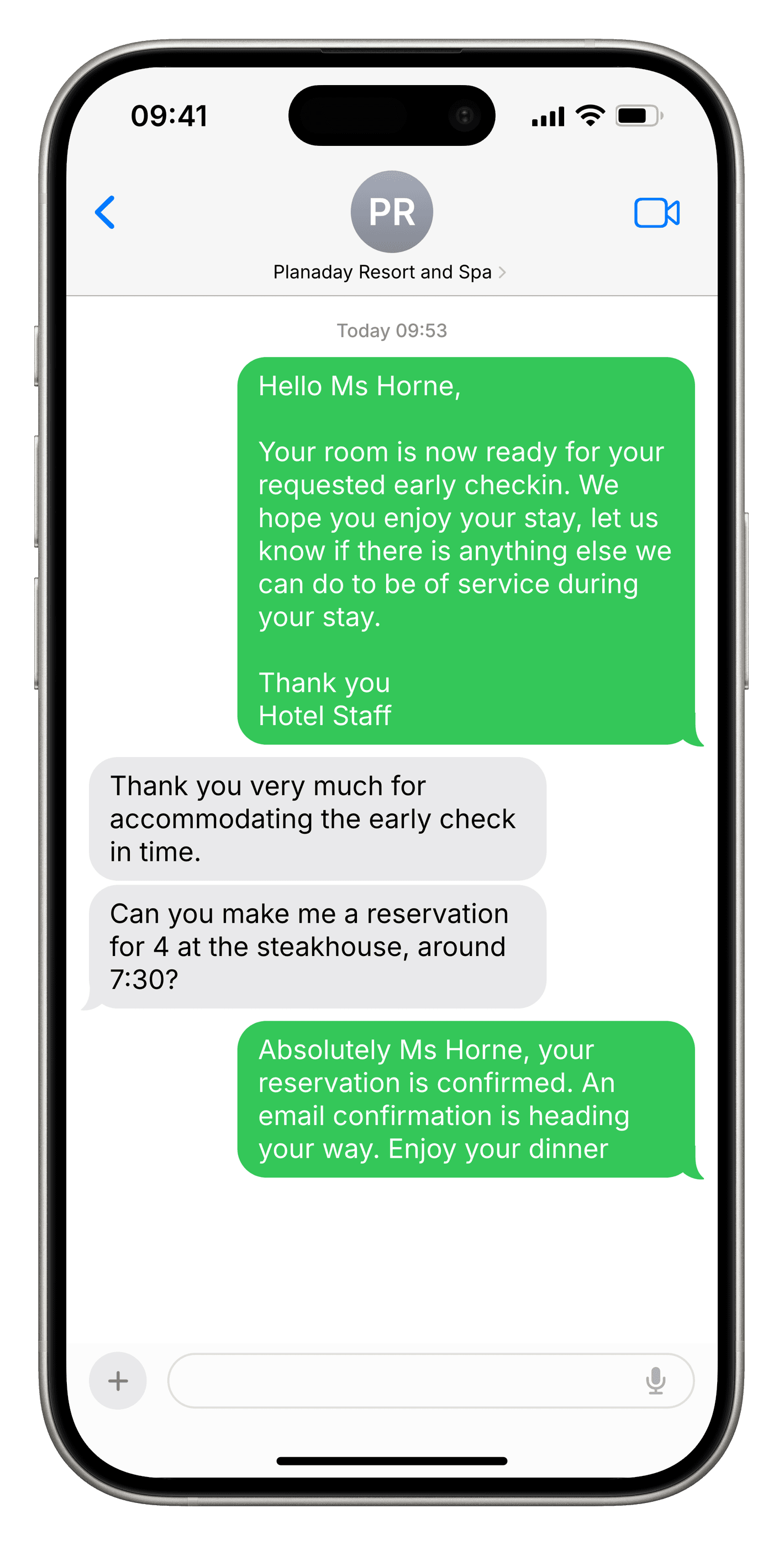 Mobile phone showing a sample guest messaging conversation in the Keypad platform